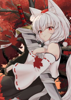 1girl absurdres animal_ear_fluff animal_ears autumn autumn_leaves black_skirt closed_mouth commentary day detached_sleeves from_side hat highres holding holding_sword holding_weapon inubashiri_momiji leaf looking_at_viewer medium_skirt outdoors pom_pom_(clothes) qi_lang3568 red_eyes red_hat red_skirt ribbon-trimmed_sleeves ribbon_trim shirt short_hair skirt sleeveless sleeveless_shirt smile solo standing sword tail tokin_hat touhou tree turtleneck turtleneck_shirt two-tone_skirt weapon white_hair white_shirt white_sleeves wind wolf_ears wolf_girl wolf_tail