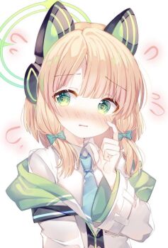 1girl animal_ear_headphones animal_ears averting_eyes blonde_hair blue_archive blue_necktie blush bow cat_ear_headphones cat_ears collared_shirt fake_animal_ears flying_sweatdrops green_bow green_eyes green_halo green_jacket hair_bow halo hand_up hashtag-only_commentary headphones jacket long_sleeves looking_to_the_side low-tied_sidelocks medium_hair midori_(blue_archive) moeno_uni multicolored_jacket necktie nose_blush off_shoulder parted_bangs parted_lips partially_open_jacket shirt sidelocks simple_background solo upper_body wavy_mouth white_background white_jacket white_shirt