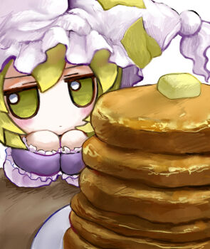 1girl blonde_hair butter food fumo_(doll) hat highres pancake pancake_stack plate rusuban_(yakumora_n) solo touhou white_background white_hat yakumo_ran yellow_eyes