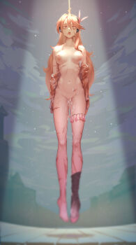 1girl after_vaginal aftersex akame_ga_kill! asphyxiation breasts chelsea_(akame_ga_kill!) cum cum_in_pussy death feather_hair_ornament hair_ornament hanged headset long_hair medium_breasts necrophilia nude orange_hair point_(artist) red_eyes tongue tongue_out wounds