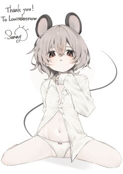 Rule 34 | 1girl, :<, absurdres, alternate costume, animal ears, arms behind back, blush, bow, bow panties, breasts, collared shirt, commentary, commission, crossed bangs, curled fingers, dress shirt, english commentary, english text, eyelashes, from below, grey hair, groin, hair between eyes, hand up, hands on own chest, highres, leaning back, long sleeves, looking at viewer, looking down, midriff, mouse ears, mouse girl, mouse tail, navel, nazrin, no pants, on ground, open clothes, open shirt, pale skin, panties, parted lips, partially unbuttoned, plunging neckline, red eyes, second-party source, shadow, shirt, short hair, signature, simple background, sitting, skeb commission, sleeves past wrists, small breasts, solo, spread legs, straight-on, sunnyagi906, tail, touhou, underwear, wariza, white background, white panties, white shirt, wide spread legs, wolf cut