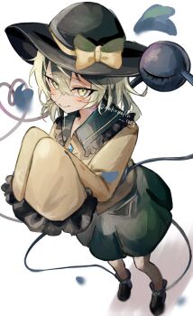 Rule 34 | 1girl, black boots, black hat, blue petals, blush, boots, bow, buttons, closed mouth, collared shirt, commentary, diamond button, eyeball, falling petals, frilled shirt collar, frilled sleeves, frills, green hair, green skirt, hat, hat bow, heart, heart of string, highres, komeiji koishi, long sleeves, looking at viewer, nekoneko 1225, petals, shirt, skirt, sleeves past fingers, sleeves past wrists, smile, solo, third eye, touhou, twitter username, wide sleeves, yellow bow, yellow shirt