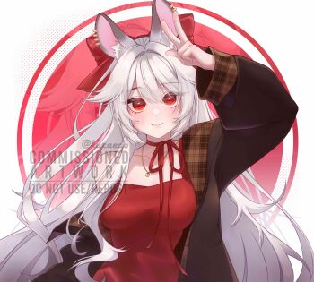 Rule 34 | 1girl, absurdres, animal ear fluff, animal ear piercing, animal ears, arm up, breasts, brown coat, choker, closed mouth, coat, commentary, commission, dress, english commentary, highres, jewelry, kuraedo, long hair, long sleeves, looking at viewer, medium breasts, necklace, open clothes, open coat, original, red choker, red dress, red eyes, red ribbon, ribbon, ribbon choker, smile, solo, swept bangs, upper body, vgen commission, w, white hair