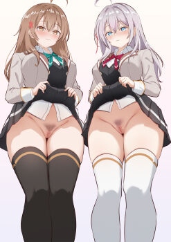 2girls absurdres ahoge alisa_mikhailovna_kujou aqua_bow aqua_bowtie black_skirt black_thighhighs black_vest blazer blue_eyes blush bow bowtie breasts brown_eyes brown_hair censored closed_mouth clothes_lift collared_shirt commentary_request female_pubic_hair flashing flower from_below gradient_background grey_background grey_jacket groin hair_flower hair_ornament hair_ribbon highres jacket large_breasts lifting_own_clothes long_sleeves looking_at_viewer mariya_mikhailovna_kujou miniskirt mosaic_censoring multiple_girls no_panties nyarumon paid_reward_available pleated_shirt pleated_skirt presenting pubic_hair pussy red_bow red_bowtie red_ribbon ribbon school_uniform seiren_academy_school_uniform shirt siblings sisters skirt skirt_lift thighhighs thighs tokidoki_bosotto_roshia-go_de_dereru_tonari_no_alya-san vest white_jacket white_shirt white_thighhighs