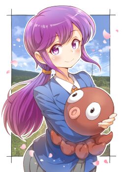 1girl absurdres blazer blue_jacket border closed_mouth commentary_request grey_skirt highres holding holding_stuffed_toy jacket jikkyou_powerful_pro_yakyuu long_hair looking_at_viewer low_ponytail outside_border pawahotel3021 petals pink_petals ponytail power_pro_kun_pocket power_pro_kun_pocket_1 purple_eyes purple_hair school_uniform shindou_asuka_(power_pocket) shirt skirt solo stuffed_animal stuffed_octopus stuffed_toy white_border white_shirt