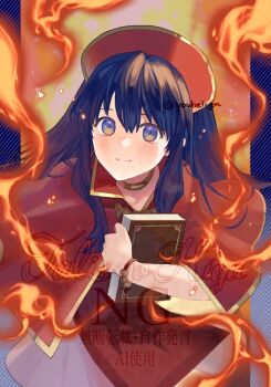 1girl blue_eyes blue_hair book capelet closed_mouth commentary fire fire_emblem fire_emblem:_the_binding_blade hair_between_eyes hat holding holding_book kiyuu lilina_(fire_emblem) long_hair looking_at_viewer nintendo pyrokinesis red_capelet red_hat sidelocks smile solo twitter_username