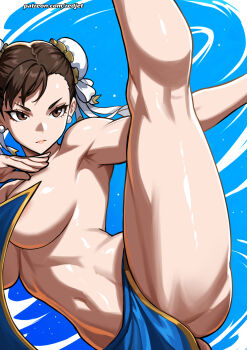 1girl areola_slip armpits bare_legs breasts brown_eyes brown_hair capcom chun-li fighting_stance hair_bun high_kick highres kicking kneepits large_breasts leg_up navel pelvic_curtain redjet sideboob street_fighter tagme toned toned_female topless_female underboob