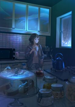 1girl absurdres bread brown_eyes brown_hair coffee_mug cup dolphin drink_carton food glass_teapot grey_jacket highres holding holding_cup jacket jar kettle kitchen medium_hair microwave milk_carton mug nap_on_a_cloud original shirt solo steam stove whale white_shirt window