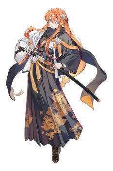 1girl absurdres allkuroha androgynous black_jacket black_kimono black_sash black_scarf black_shoes black_skirt borrowed_character closed_mouth commission double-parted_bangs flower full_body glint grey_eyes hair_between_eyes hair_flower hair_ornament hakama hakama_skirt high-waist_skirt highres holding holding_sheath holding_sword holding_weapon jacket japanese_clothes kimono long_hair long_skirt long_sleeves low-tied_long_hair multicolored_jacket open_clothes open_jacket orange_hair orange_ribbon original ribbon sash scarf second-party_source serious sheath sheathing shoes short_kimono sidelocks simple_background skirt solo sword tachi-e transparent_background two-tone_jacket two-tone_kimono very_long_hair weapon white_flower white_jacket white_kimono wide_sleeves