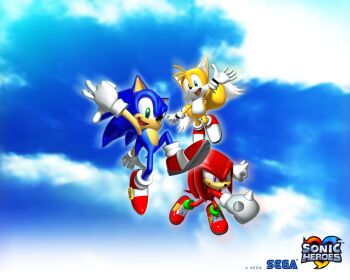 3boys 3d animal_ears blue_eyes blue_fur blue_sky bmp-to-png_conversion cloud company_name copyright_name copyright_notice day echidna_(animal) fox_boy fox_tail full_body furry furry_male gloves green_eyes hedgehog hedgehog_boy knuckles_the_echidna male_focus multiple_boys multiple_tails official_art open_mouth purple_eyes red_fur red_shoes sega shoes sky sneakers sonic_(series) sonic_heroes sonic_the_hedgehog tail tails_(sonic) two_tails white_gloves