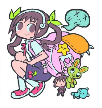 1girl araragi_koyomi bag brown_eyes brown_hair character_doll commentary doll ghost green_ribbon hachikuji_mayoi hair_ribbon hairband long_hair melps monogatari_(series) pink_bag red_shoes ribbon shirt shoes skirt smile socks squatting suspender_skirt suspenders toon_(style) twintails untranslatable_commentary white_hairband white_shirt white_socks