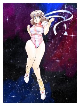 1girl breasts brown_hair commentary full_body hair_ribbon highleg highleg_leotard highres leotard looking_at_viewer medium_hair multicolored_leotard pink_leotard ribbon solo space star_(sky) starry_sky_background takaya_noriko tedbob84 thighs top_wo_nerae! top_wo_nerae!_(series) two-tone_leotard white_leotard white_ribbon