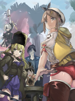 2boys 3girls atelier_(series) atelier_ryza atelier_ryza_1 blindfold blonde_hair blurry blurry_background brown_eyes brown_hair coat code_vein crossover dress fur_hat goggles goggles_on_head green_eyes hair_ornament hat highres katana long_coat looking_back mia_karnstein multiple_boys multiple_girls nier:automata nier_(series) open_clothes open_coat papakha pod_(nier:automata) reisalin_stout sakurami_sumi sword weapon white_hair 2b_(nier:automata)