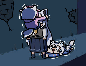 3girls animal_ear_fluff animal_ears blonde_hair blue_hair chibi dog_ears dog_girl dog_tail face_hug fox_ears fox_girl fuwawa_abyssgard highres hololive hololive_english keenbiscuit long_hair mococo_abyssgard multicolored_hair multiple_girls shirakami_fubuki siblings sisters skirt streaked_hair tail trembling twins virtual_youtuber