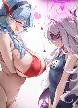 2girls absurdres ahoge ako_(blue_archive) aroused bikini blue_archive blue_eyes blue_hair breast_press breast_rest breasts commentary_request curvy deep_skin demon_girl demon_horns demon_wings drooling female_pervert from_side frown gun halo happy heart heart-shaped_pupils heavy_breathing highres hina_(blue_archive) hina_(swimsuit)_(blue_archive) holding holding_gun holding_weapon horns huge_breasts large_breasts long_hair looking_at_breasts low_wings machine_gun mg42 multiple_girls narrow_waist navel open_mouth pervert red_bikini renshuunomi revealing_clothes saliva saliva_trail school_swimsuit shaded_face shiny_skin size_difference skindentation sleeveless small_breasts smile steam steaming_body swimsuit symbol-shaped_pupils very_steaming wavy_mouth weapon white_hair wings