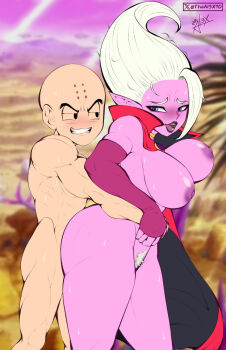 1boy 1girl ass bald bald_male black_eyes blush breasts colored_skin dr._arinsu dragon_ball dragon_ball_daima happy hetero highres kuririn large_breasts muscular muscular_male nipples pink_skin pubic_hair purple_eyes sex sex_from_behind smile smug sweat theal3x10 thick_thighs thighs white_hair