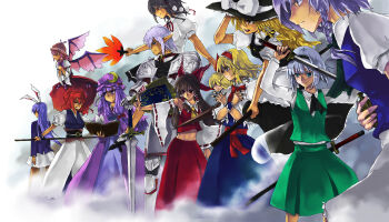 1boy 6+girls alice_margatroid animal_ears armor ascot bird_wings black_hair black_hairband blonde_hair book bow braid brown_hair buront crescent crescent_hat_ornament crossover detached_sleeves elf elvaan final_fantasy final_fantasy_xi floating fog frilled_bow frilled_hair_tubes frills ghost green_skirt grey_hair group_picture hair_bow hair_tubes hairband hakurei_reimu hat hat_ornament holding holding_book holding_sword holding_weapon izayoi_sakuya katana kirisame_marisa konpaku_youmu konpaku_youmu_(ghost) long_hair looking_to_the_side midriff mob_cap multiple_girls mystia_lorelei ofuda onozuka_komachi patchouli_knowledge pointy_ears purple_hair rabbit_ears red_hair red_hairband reisen_udongein_inaba ribbon-trimmed_sleeves ribbon_trim shameimaru_aya shanghai_doll shield skirt skirt_set sword the_iron_of_yin_and_yang touhou uo_(sisamo) weapon winged_hat wings witch_hat yellow_ascot