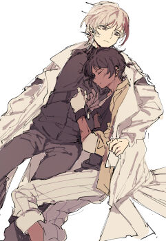 Rule 34 | 2boys, arknights, black hair, black pants, black shirt, brown coat, brown hair, closed eyes, closed mouth, coat, commentary request, dark-skinned male, dark skin, elysium (arknights), feet out of frame, gloves, grey pants, head on another's shoulder, highres, jewelry, leaning on person, long sleeves, male focus, marumarukin, multicolored hair, multiple boys, open clothes, open coat, pants, red hair, shirt, short hair, simple background, sketch, sleeping, sleeping on person, sleeves rolled up, smile, streaked hair, striped clothes, thorns (arknights), white background, white coat, white gloves, white hair, white pants, yaoi