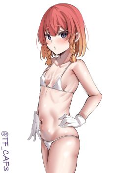 1girl absurdres alternate_costume bikini blush braid braided_sidelocks breasts collarbone commentary_request cowboy_shot etorofu_(kancolle) gloves gradient_hair hair_between_eyes highres kantai_collection looking_at_viewer medium_hair micro_bikini multicolored_hair navel one-hour_drawing_challenge open_mouth orange_hair purple_eyes red_hair simple_background skindentation small_breasts solo standing stomach string_bikini swimsuit tf_cafe thick_eyebrows thighs twitter_username white_background white_bikini white_gloves