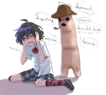 1girl 1other ahoge black_hair body_freckles bow bowtie bullying closed_eyes crying detective english_text freckles grey_skirt hands_up highres hollow_eyes kneehighs multicolored_kneehighs nightmare open_mouth original plaid_clothes plaid_skirt popopoka red_bow red_bowtie scared screaming shirt short_sleeves simple_background sitting skirt smoking_pipe smoking_pipe_in_mouth socks sophie_(popopoka) speech_bubble standing tears teeth tongue two-tone_skirt what white_background