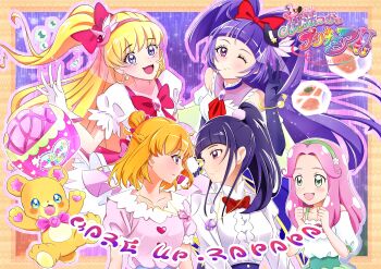5girls absurdres asahina_mirai blonde_hair blue_eyes blush bow bowtie bracelet bread check_translation commentary_request cure_magical cure_miracle food gloves green_eyes hair_bow hairband hanami_kotoha hat highres izayoi_liko jewelry kira_white magical_girl mahou_girls_precure! mahou_girls_precure!!_mirai_days melon_bread mini_hat mini_witch_hat mofurun_(precure) multiple_girls necklace one_eye_closed open_mouth orange_hair partially_translated pink_bow pink_hair precure purple_eyes purple_hair red_bow red_bowtie smile translation_request v witch_hat