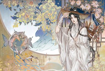 1boy absurdres arrow_(projectile) backpack backpack_basket bag bandaged_arm bandaged_neck bandages basket bird bishounen black_hair branch brown_eyes bug butterfly chinese_clothes closed_mouth flower hair_bun hair_ribbon hand_on_headwear hand_up hanfu hat highres holding holding_strap insect lattice leaf long_hair long_sleeves looking_at_viewer male_focus official_art pink_flower ribbon rice_hat robe round_window scroll single_hair_bun smile smoke solo sparkle standing starember straw_hat tassel third-party_source tianguan_cifu upper_body very_long_hair white_flower white_hanfu white_ribbon wide_sleeves window xie_lian