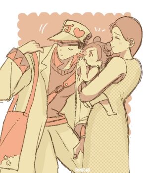 1boy 2girls aged_down bag belt brown_hair carrying carrying_person child closed_eyes coat diamond_wa_kudakenai double_bun dress family father_and_daughter hair_bun hand_on_own_knee hat jojo_no_kimyou_na_bouken kuujou_jolyne kuujou_joutarou leaning_forward long_hair long_sleeves mother_and_daughter mrs._kujo multiple_girls nodding open_clothes open_coat popped_collar rr8560 sleeveless sleeveless_dress smile stone_ocean sweater tote_bag