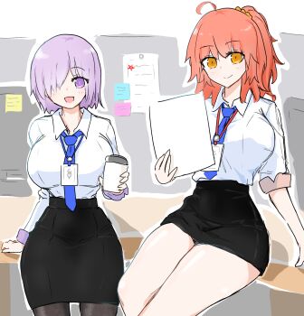 2girls bearandtangerin black_pantyhose black_skirt blue_necktie collared_shirt contemporary fate/grand_order fate_(series) formal_clothes fujimaru_ritsuka_(female) highres id_card long_sleeves mash_kyrielight monitor multiple_girls necktie office office_lady pantyhose pencil_skirt shirt shirt_tucked_in skirt white_shirt
