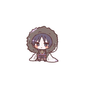 1boy black_bodysuit black_eyes black_hair black_kimono black_shorts blunt_ends blush_stickers bodysuit bright_pupils chibi coat fatui_coat full_body fur-trimmed_coat fur-trimmed_hood fur_trim genshin_impact gold hood hood_up hooded_coat hoshizuki_chimama japanese_clothes juban kimono lapels looking_at_viewer lowres male_focus open_clothes open_coat purple_sash red_kimono red_sash sash scaramouche_(genshin_impact) shorts solo standing white_background white_coat white_hood white_kimono white_pupils wispy_bangs