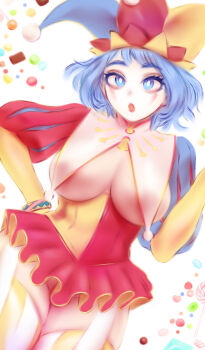 1girl :o areola_slip blue_eyes blue_hair blue_hat blue_shrug blush boku_no_hero_academia bracelet breasts candy commentary food hado_nejire hat highres jester_cap jewelry large_breasts lollipop long_sleeves looking_at_viewer medium_hair multicolored_hat open_mouth pink_hat pink_skirt red_shrug shpo shrug_(clothing) simple_background skirt solo striped_clothes striped_thighhighs thighhighs thighs vertical-striped_clothes vertical-striped_thighhighs white_background yellow_hat yellow_skirt yellow_thighhighs