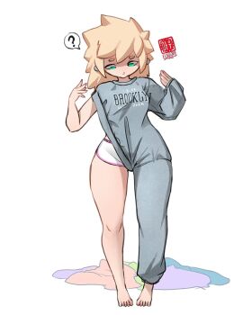 1girl ? asymmetrical_clothes barefoot blonde_hair blue_eyes brooklyn_sweater commentary el_quijote english_commentary grey_sweater hands_up highres original print_sweater shorts sideless_sweater single_bare_arm single_bare_leg single_pantsleg single_sleeve single_sleeve_past_fingers solo spoken_question_mark sweater white_background white_shorts