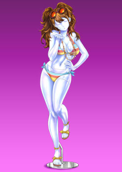 1girl albyee bikini breasts brown_hair commission eyewear_on_head hand_on_own_hip kujikawa_rise mannequin medium_breasts medium_hair navel persona persona_4 petrification purple_background sandals solo standing standing_on_one_leg sunglasses swimsuit twintails