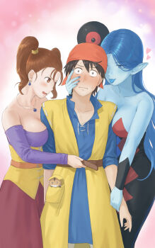 1boy 2girls arinsu_(kodamamaimai) bare_shoulders belt_grab black_dress blue_eyes blue_hair blue_skin blush brown_eyes brown_hair clothes_grab collarbone colored_skin corset detached_sleeves dragon_quest dragon_quest_viii dress heart hero_(dq8) highres jessica_albert jewelry long_hair long_sleeves multiple_girls munchie_(dq8) necklace pointy_ears purple_shirt red_dress red_skirt shirt skirt strapless strapless_dress sweatdrop twintails two-tone_dress very_long_hair witch_lady_(dq8) yellow_corset