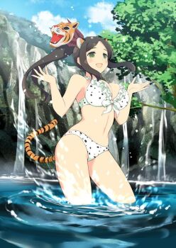 1girl :d animal_ears bikini blue_sky blush bow bow_bikini breasts brown_hair cleavage cliff cloud cloudy_sky day extra_ears floral_print_bow frilled_bikini frills front-tie_bikini_top front-tie_top green_eyes hair_bow hair_ribbon lake large_breasts linea_alba long_hair looking_ahead looking_at_viewer mask mask_on_head murakumo_(senran_kagura) nature navel non-web_source open_mouth outdoors polka_dot polka_dot_bikini ribbon senran_kagura senran_kagura_new_wave senran_kagura_shinovi_versus side_ponytail sky smile solo splashing swimsuit tail tiger_ears tiger_girl tiger_mask_(object) tiger_tail tree wading water water_drop waterfall white_bikini
