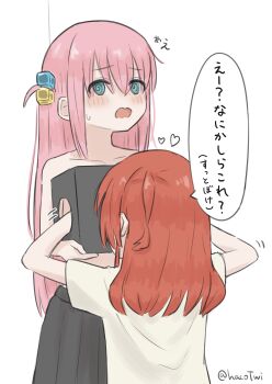 2girls @_@ absurdres aqua_eyes bocchi_the_rock! commentary_request cube_hair_ornament gotoh_hitori haco_(user_usmg5523) hair_ornament heart highres kita_ikuyo long_hair medium_hair multiple_girls one_side_up pink_hair red_hair shirt simple_background topless_female twitter_username white_background white_shirt yuri