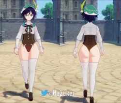 1boy 3d animated ass bulge crossdressing crossdressing_(mtf) from_behind genshin_impact hat hazeker high_heels highleg highleg_leotard huge_ass leotard multiple_views shiny_skin thick_thighs thighhighs thighs trap venti_(genshin_impact) video walking white_thighhighs wide_hips