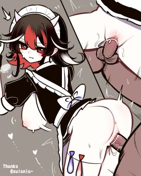 1boy 1girl absurdres alternate_costume anus ass black_dress black_hair blush breasts breasts_out closed_mouth colored_skin commentary_request condom cone_horns dress enmaided heart hetero highres horns kijin_seija large_breasts looking_at_viewer looking_back maid maid_headdress multicolored_hair multiple_views nipples penis puffy_short_sleeves puffy_sleeves pussy red_eyes red_hair sex sex_from_behind shen_bi_ren_(user_rjgy2824) short_hair short_sleeves small_horns solo_focus standing standing_sex streaked_hair testicles touhou uncensored used_condom vaginal variant_set white_hair white_horns white_skin