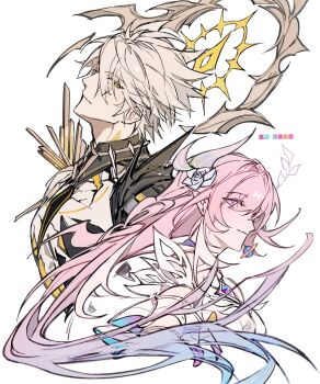 1boy 1girl blonde_hair blue_hair breasts cracked_skin cyrene_(honkai:_star_rail) cyrene_(ripples_of_past_reverie)_(honkai:_star_rail) dress earrings flower gold_blood gyulseu hair_flower hair_ornament halo highres honkai:_star_rail honkai_(series) jewelry large_breasts long_hair looking_at_viewer multicolored_hair phainon_(honkai:_star_rail) phainon_(khaslana)_(honkai:_star_rail) pink_hair pointy_ears purple_eyes short_hair topless_male very_long_hair white_dress white_hair yellow_eyes