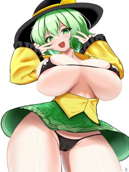 1girl absurdres alternate_breast_size_(larger) bikini black_bikini black_hat blush breasts breasts_out bright_pupils cameltoe cleavage commentary_request cowboy_shot double_v green_eyes green_hair green_skirt groin hat highres huge_breasts komeiji_koishi long_sleeves looking_at_viewer micro_bikini nuekane open_mouth panties pantyshot short_hair simple_background skirt smile solo swimsuit touhou underwear v variant_set white_background white_pupils
