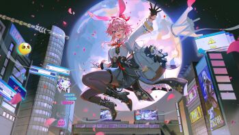 1girl animal_ears asymmetrical_gloves bow bowtie building city_lights commentary evanescia_(honkai:_star_rail) flower fox_ears fox_girl full_moon gloves hair_between_eyes hair_flower hair_ornament highres honkai:_star_rail honkai_(series) jumping looking_at_viewer moon night one_eye_closed open_mouth pink_hair purple_eyes red_bow red_bowtie shirt short_hair_with_long_locks skirt skyscraper solo untranslatable_commentary white_shirt yutttang