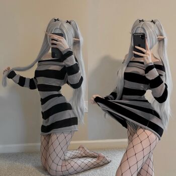 1girl artist_request bare_shoulders cellphone clothes_lift commentary cosplay_photo english_commentary fishnet_pantyhose fishnets frieren full_body grey_hair hair_ribbon highres holding holding_phone iphone kneeling multiple_views pantyhose phone photo_(medium) pointy_ears ribbon smartphone sousou_no_frieren sweater sweater_lift twintails twitter_username