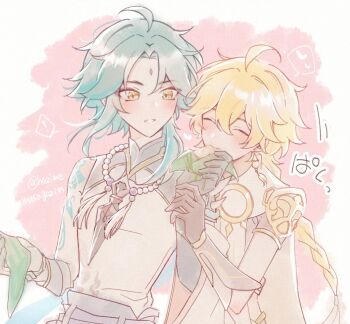 2boys aether_(genshin_impact) ahoge arm_tattoo artist_name asymmetrical_clothes bead_necklace beads blonde_hair braid cheroi detached_sleeves diamond-shaped_pupils diamond_(shape) earrings eyeshadow facial_mark feeding forehead_mark genshin_impact green_hair highres jewelry makeup male_focus multicolored_hair multiple_boys necklace red_eyeshadow shoulder_spikes single_detached_sleeve spikes symbol-shaped_pupils tassel tattoo xiao_(genshin_impact) yaoi yellow_eyes