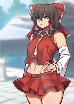 Rule 34 | 1girl, \||/, bare shoulders, breasts, dekapaiyukari, hakurei reimu, highres, japanese clothes, miko, nikuatsu magician shinbo, small breasts, touhou