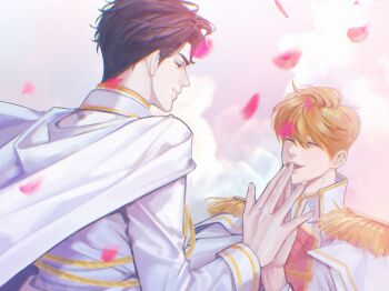 2boys blonde_hair cape epaulettes falling_petals gold_trim highres imgeun kim_dokja looking_at_another male_focus multiple_boys official_alternate_costume omniscient_reader&#039;s_viewpoint own_hands_together petals ricardo_von_kaizenix schweichen_von_kaizenix shirt smile vest white_cape white_shirt white_vest yoo_joonghyuk