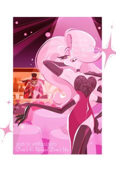 Rule 34 | 20220717j, 2boys, angel dust, black gloves, breasts, commentary, crossdressing, drag queen, dress, elbow gloves, english commentary, gloves, hazbin hotel, hellaverse, highres, husk (hazbin hotel), large breasts, long hair, multiple boys, pink hair, red dress, side slit, smile, thighs