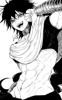 1boy abs arabian_clothes bracer braid braided_ponytail crop_top j_af_ar jewelry judal long_hair magi_the_labyrinth_of_magic male_focus midriff monochrome navel neck_ring open_mouth shawl simple_background single_braid smile solo thumbs_down toned toned_male upper_body white_background