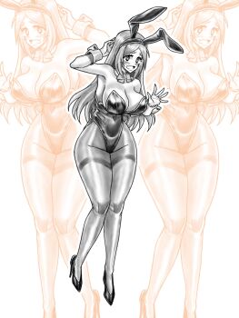 01leteo 1girl 2025 animal_ears arm_behind_head bare_shoulders bleach breasts collarbone commentary cuffs fake_animal_ears fake_bunny_ears full_body high_heels inoue_orihime large_breasts leotard long_hair open_mouth pantyhose playboy_bunny shy simple_background strapless strapless_leotard white_background white_wrist_cuffs wrist_cuffs