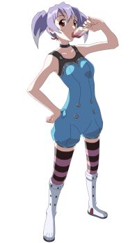 Rule 34 | 1girl, boots, breasts, commentary request, earrings, eating, food, full body, hand on own hip, highres, jewelry, long hair, looking at viewer, okutadecyl, popsicle, purple hair, red eyes, short hair, small breasts, solo, striped clothes, striped thighhighs, thighhighs, top wo nerae! (series), top wo nerae 2!, twintails, tycho science, white background, white boots