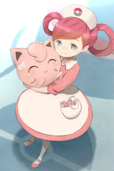 1girl amekana apron apron_pocket bandaid bandaid_on_face blue_eyes blush closed_eyes closed_mouth commentary_request dress eyelashes full_body gen_1_pokemon hair_rings hat highres holding holding_pokemon jigglypuff joy_(pokemon) nintendo notepad nurse nurse_cap pink_dress pink_hair pink_shoes poke_ball_symbol pokemon pokemon_(creature) pokemon_xy scissors shoes smile standing tears white_apron white_hat