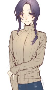 1boy blue_eyes blue_hair braid denim highres jeans light_smile looking_at_viewer mole mole_under_eye original pants single_braid sweater tawapo trap white_background